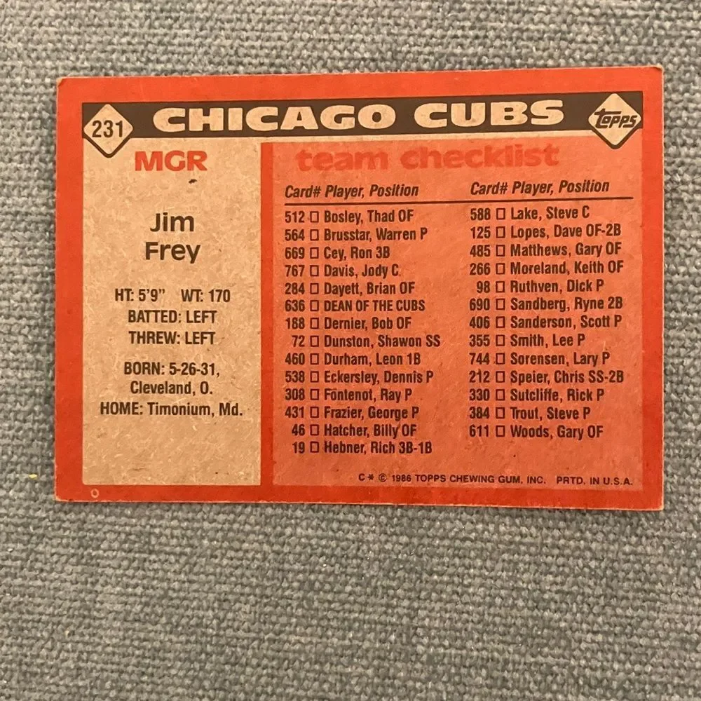 1986 Topps Chicago Cubs Baseball Card Trading Card